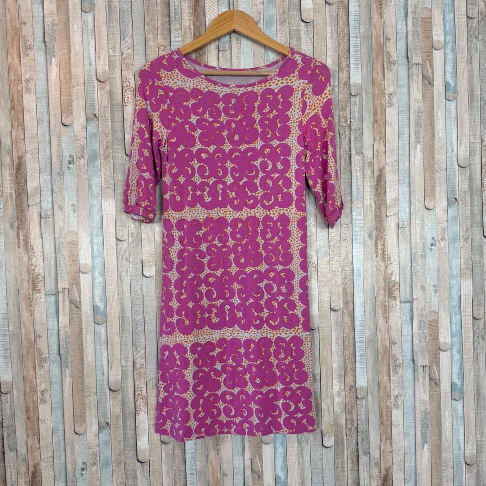 Marimekko S Vaaput Pink‎ Orange Abstract Floral Jersey Shift Dress Mini Pockets